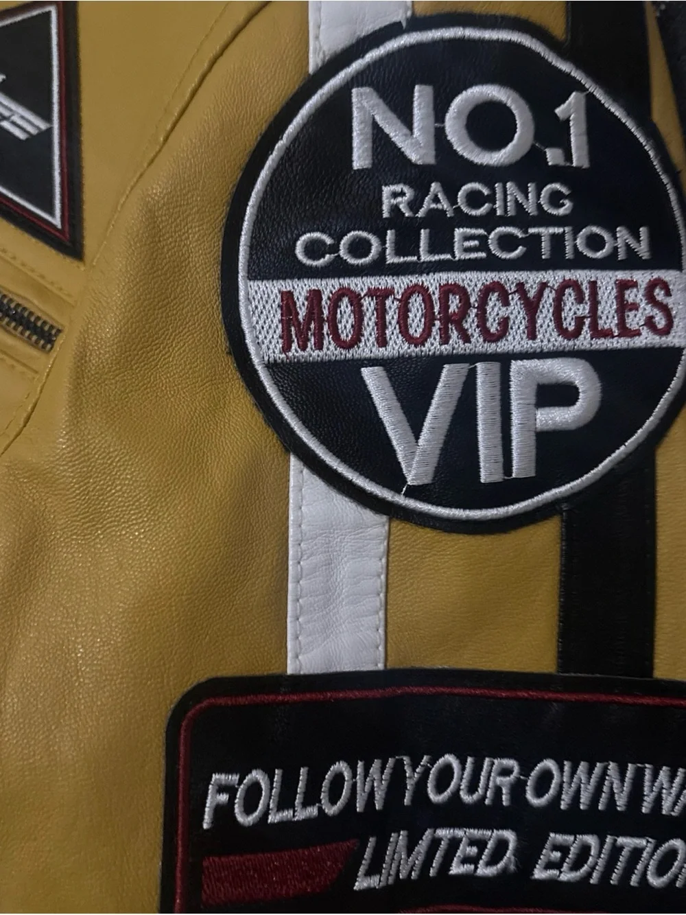Racing-Inspired Mustard Yellow Leather Bomber Jacket with White Stripes
